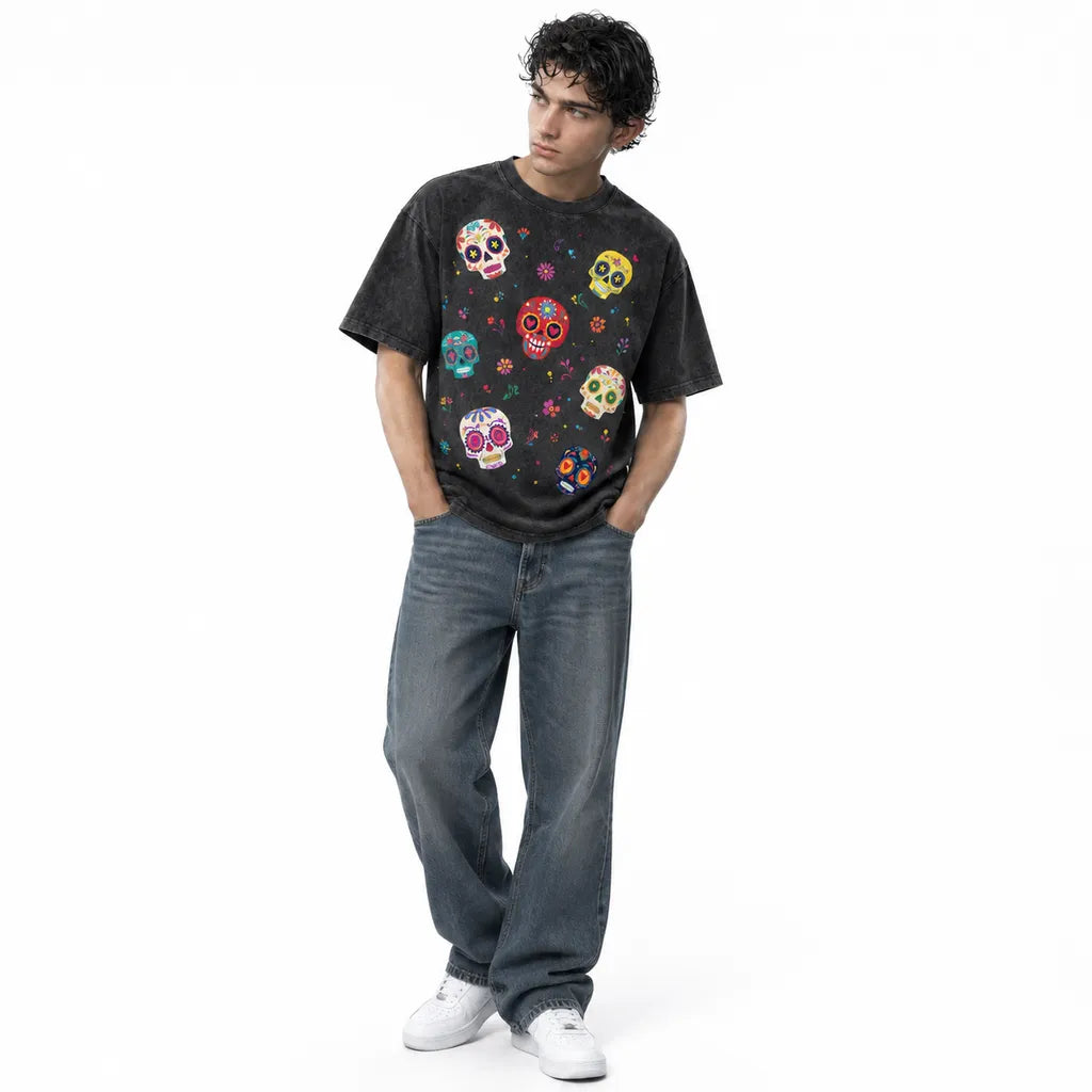 LAWLESSROW Sugar Skulls Pattern Vintage Acid Wash Tee