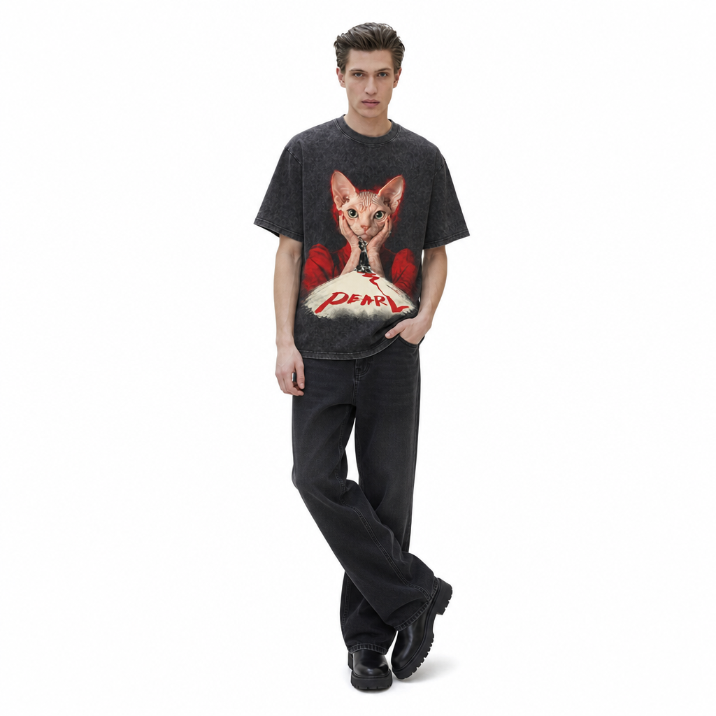 LAWLESSROW Pearl Sphynx Cat Vintage Acid Wash Tee