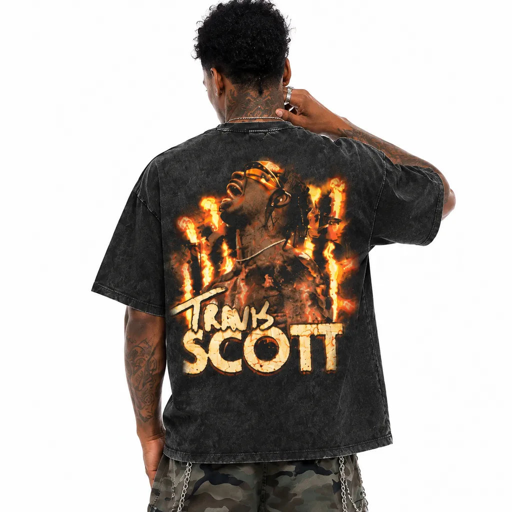 LAWLESSROW TRAVIS SCOTT Inferno Scream Black Vintage Acid Wash Tee