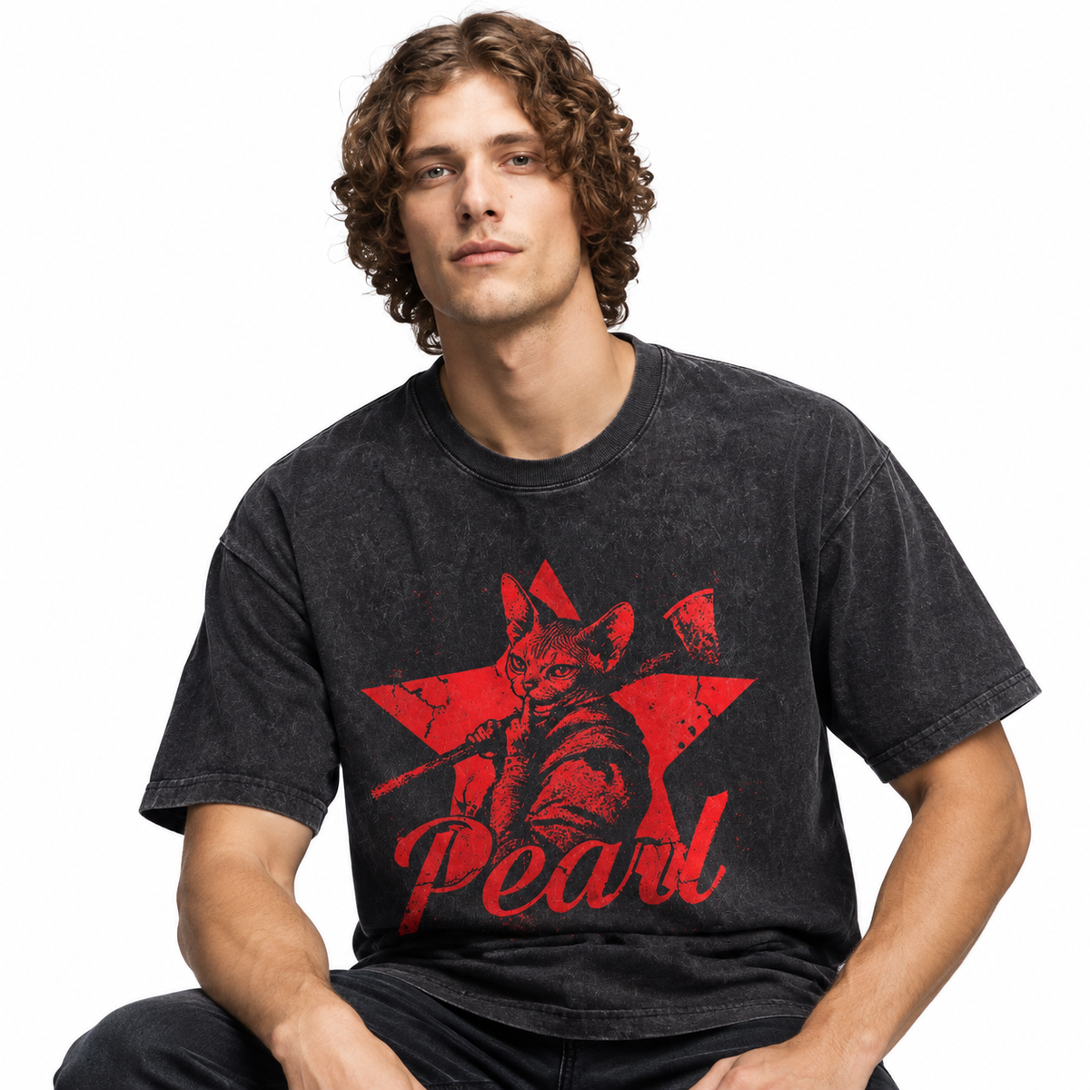 LAWLESSROW Pearl Axe Cat Vintage Acid Wash Tee