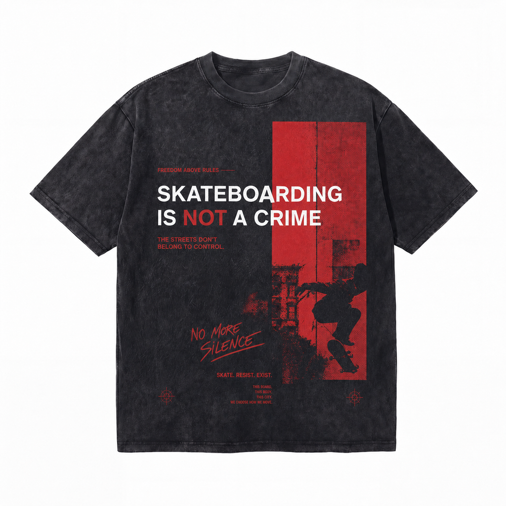 Vintage Acid Wash Skateboarding Is Not A Crime Red Block Silhouette Skate Protest Graphic Tee | Rebel Skate Unisex Oversized High-Quality Cotton Blend Streetwear T-Shirt