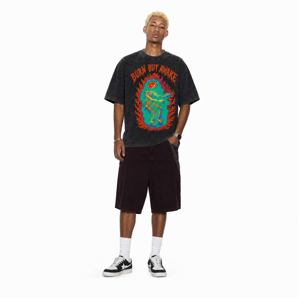 Vintage Acid Wash Burn But Awake Psychedelic Nerve Skeleton Fire Graphic Oversized Metal Street T-Shirt