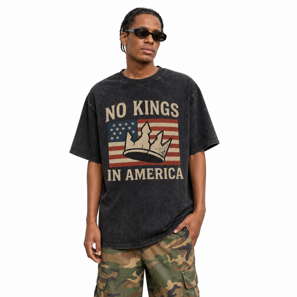 LAWLESSROW No Kings In America Broken Crown Vintage US Flag Collage Vintage Tee - hover