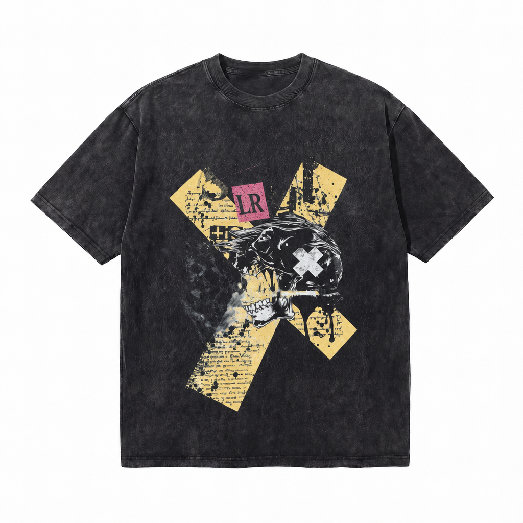 LAWLESS ROW Abstract Cross Skull Collage Vintage Washed Tee