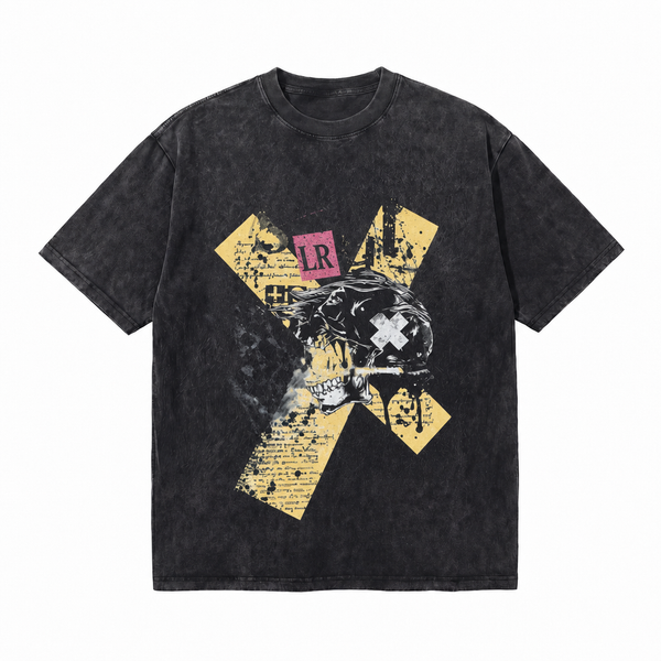 LAWLESS ROW Abstract Cross Skull Collage Vintage Washed Tee