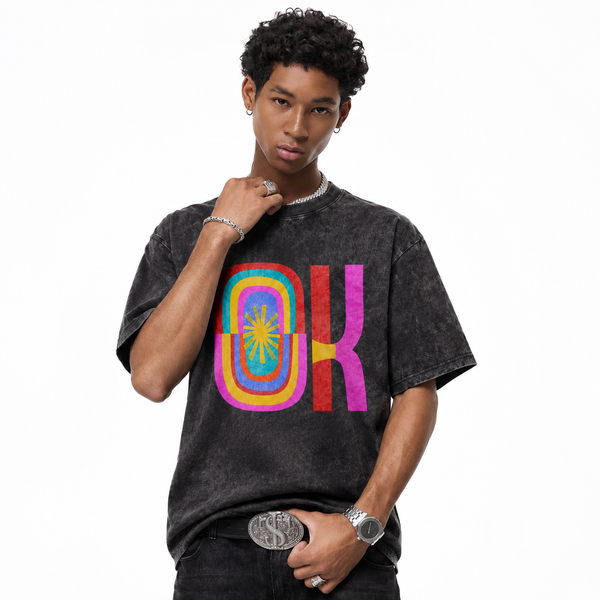 LAWLESSROW OK Rainbow Retro Typography Vintage Acid Wash Tee - hover