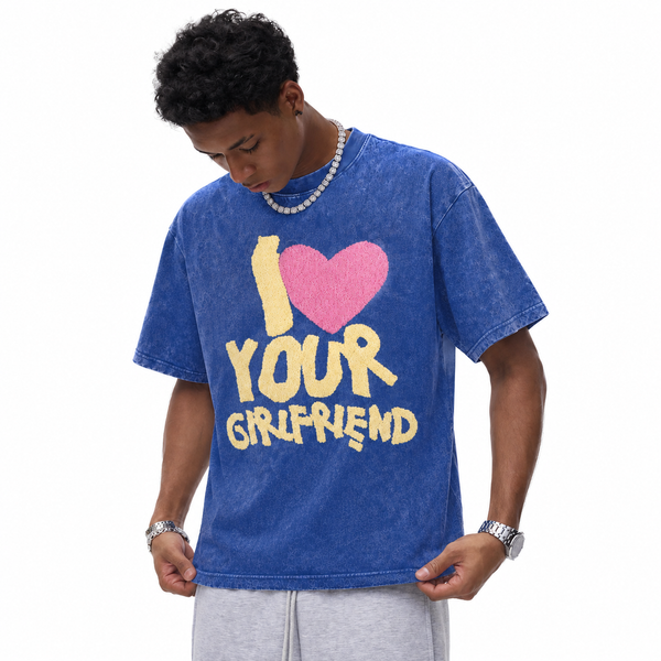 LAWLESSROW I Love Your Girlfriend Furry Texture Vintage Acid Wash Tee - hover