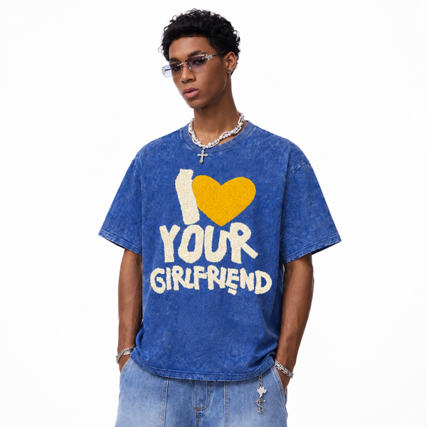 LAWLESSROW I Love Your Girlfriend Furry Heart Vintage Acid Wash Tee - hover