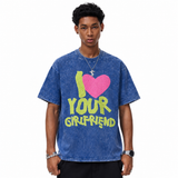 LAWLESSROW I Love Your Girlfriend Lime Furry Heart Vintage Acid Wash Tee