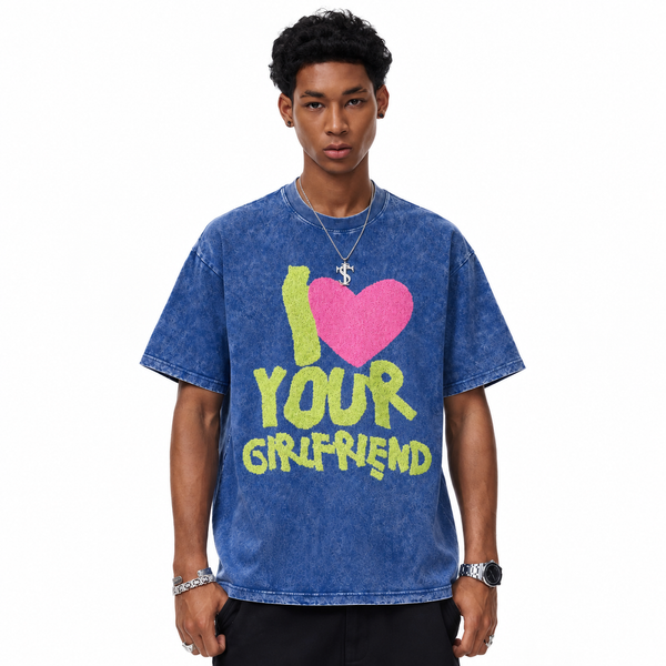 LAWLESSROW I Love Your Girlfriend Lime Furry Heart Vintage Acid Wash Tee - hover