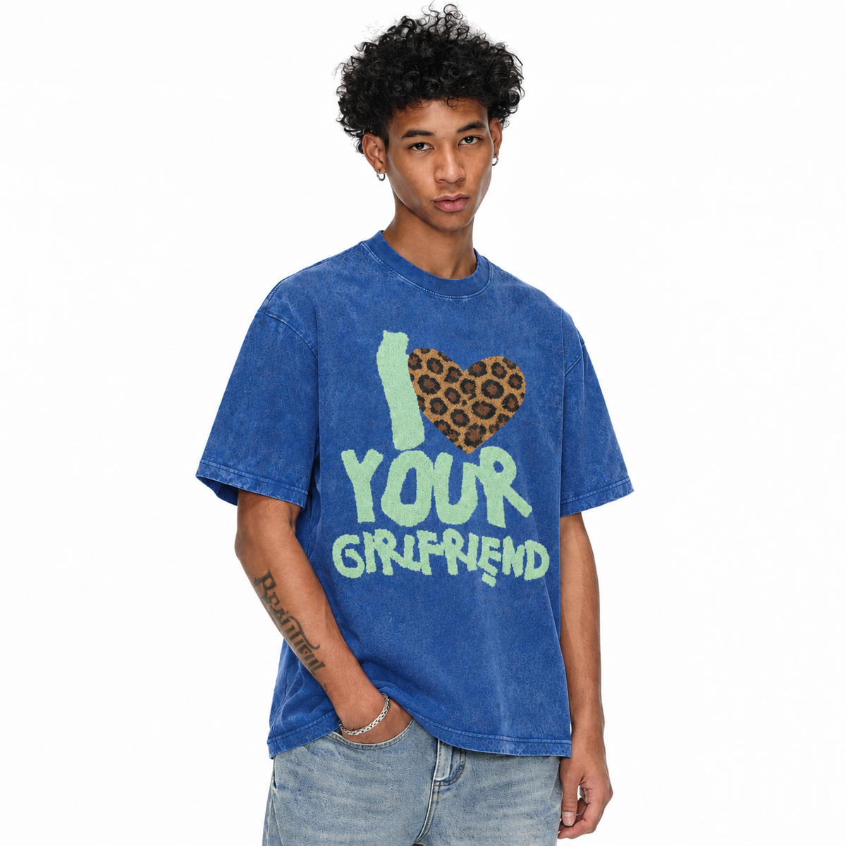 LAWLESSROW I Love Your Girlfriend Leopard Heart Vintage Acid Wash Tee