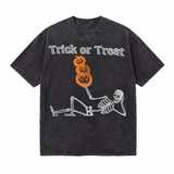 LAWLESSROW Trick or Treat Skeleton Pumpkin Vintage Acid Wash Tee