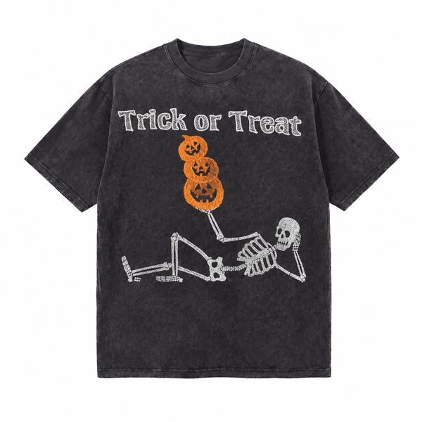 LAWLESSROW Trick or Treat Skeleton Pumpkin Vintage Acid Wash Tee