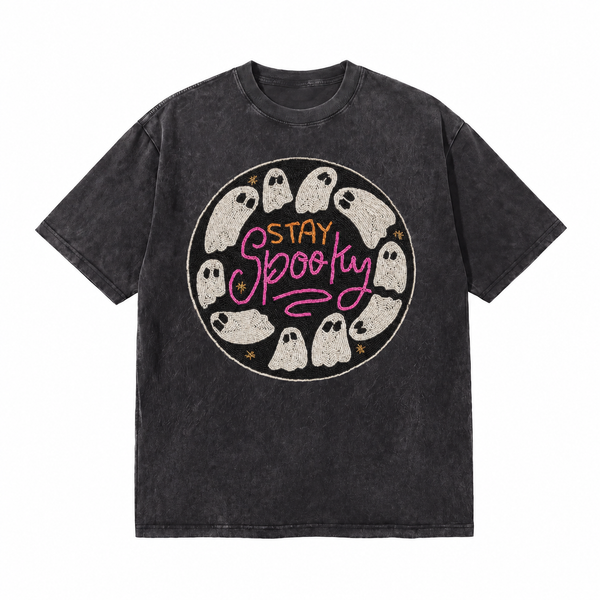 LAWLESSROW Stay Spooky Ghost Circle Vintage Acid Wash Tee