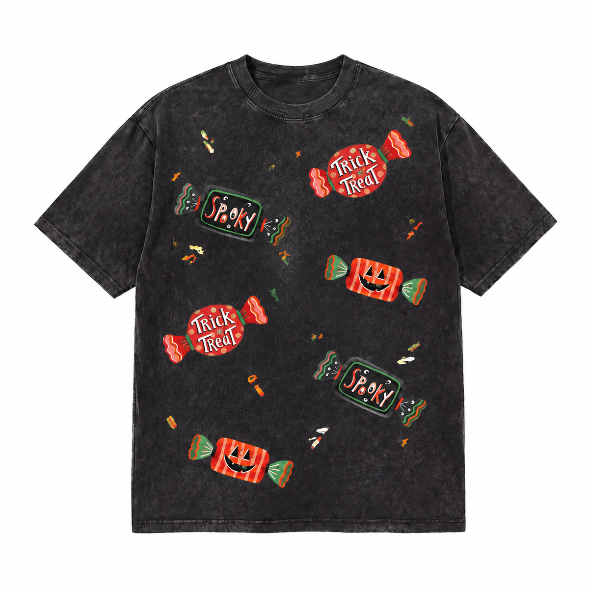 LAWLESSROW Halloween Trick Or Treat Candy Scatter Vintage Acid Wash Tee