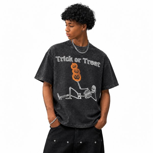 LAWLESSROW Trick or Treat Skeleton Pumpkin Vintage Acid Wash Tee - hover