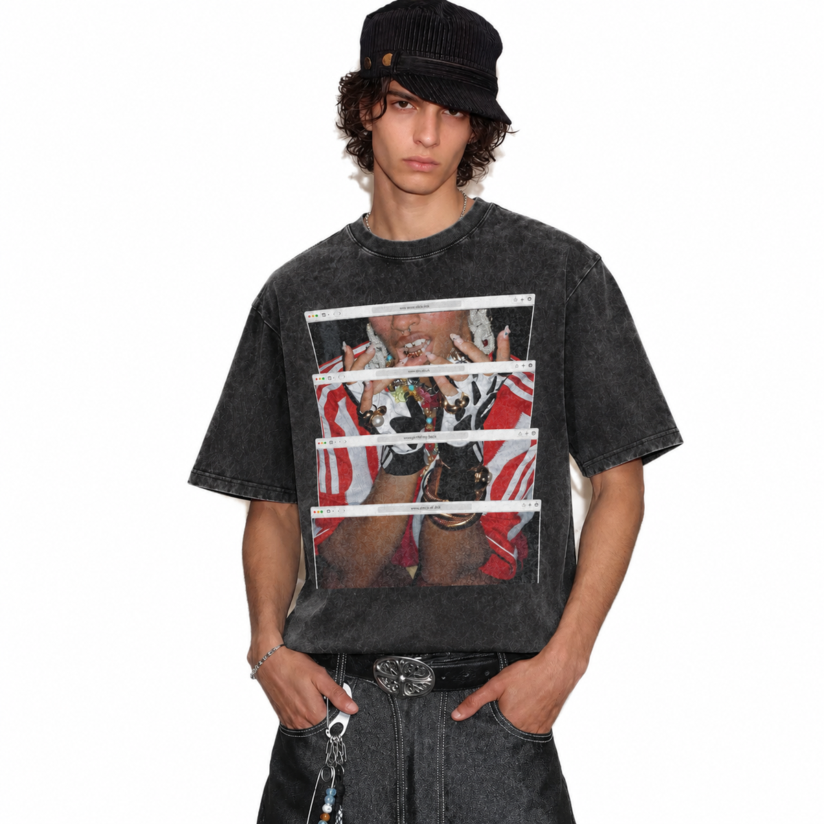 LAWLESSROW Web Window Hip-Hop Portrait Vintage Acid Wash Tee