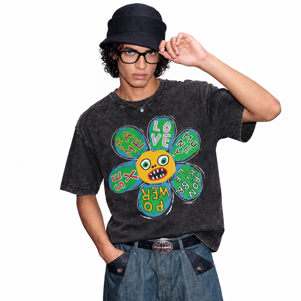 LAWLESSROW Graffiti Flower Face Vintage Acid Wash Tee - hover