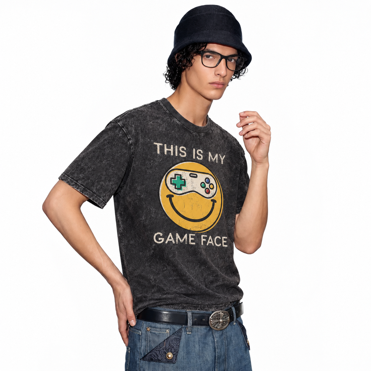 LAWLESSROW This Is My Game Face Smiley Vintage Acid Wash Tee