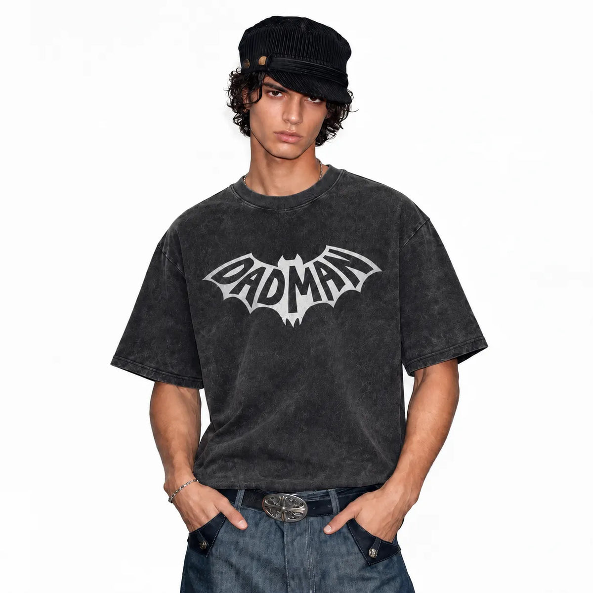 LAWLESSROW DADMAN Bat Logo Vintage Acid Wash Tee