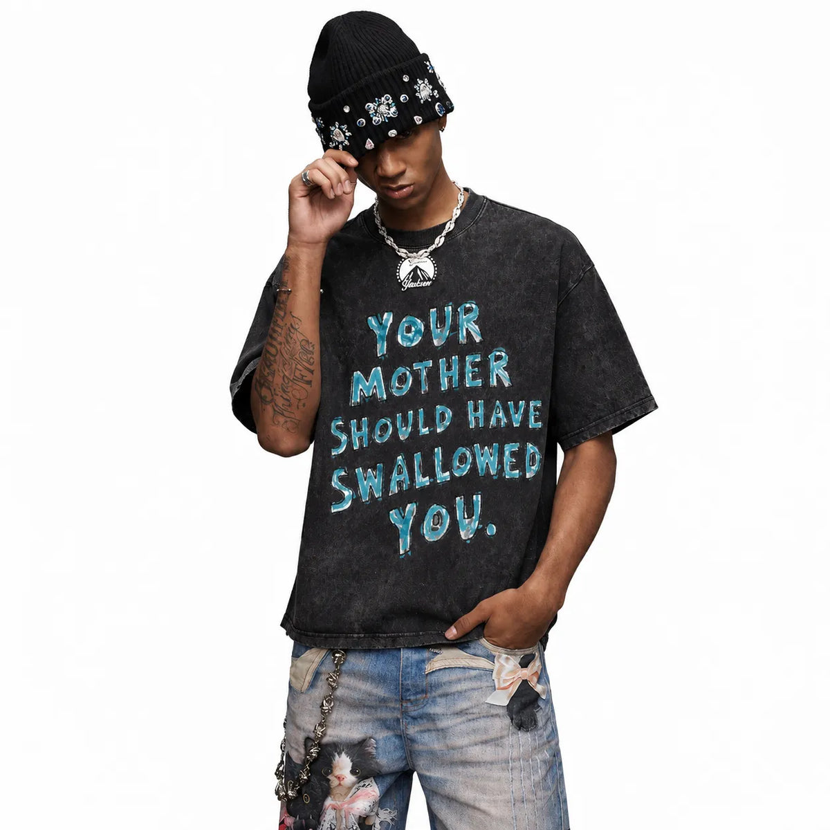 LAWLESSROW "Your Mother Should Have Swallowed You" Slogan Vintage Acid Wash Tee