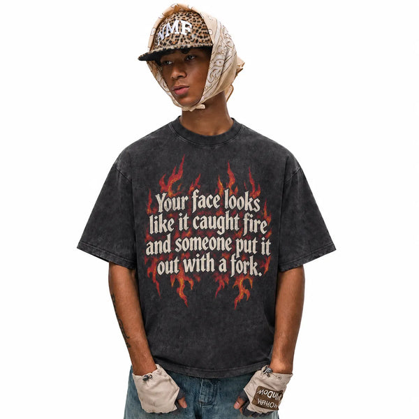 LAWLESSROW Vintage Fire Slogan Vintage Acid Wash Tee - hover