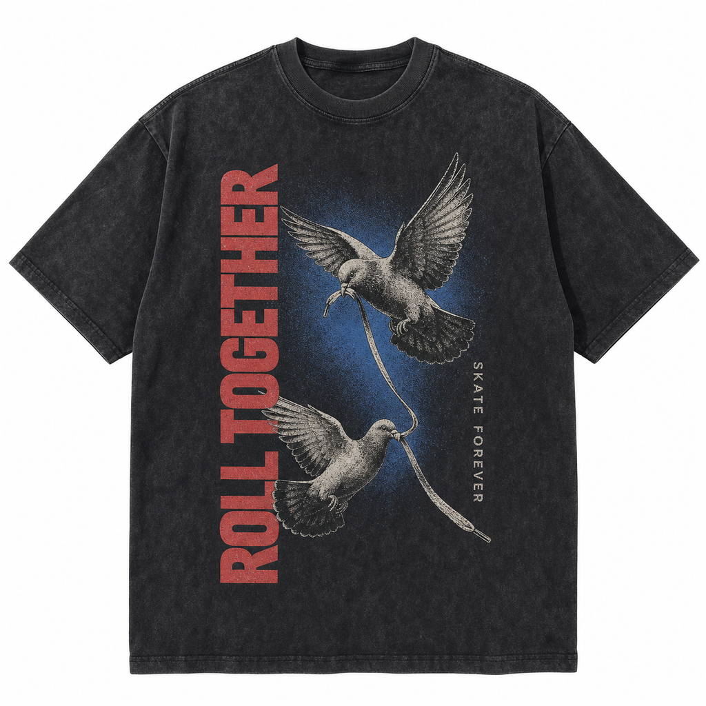 Vintage Acid Wash Roll Together Skate Dove Graphic Tee | Retro Street Skate Culture Unisex Oversized High-Quality Cotton Blend Streetwear T-Shirt