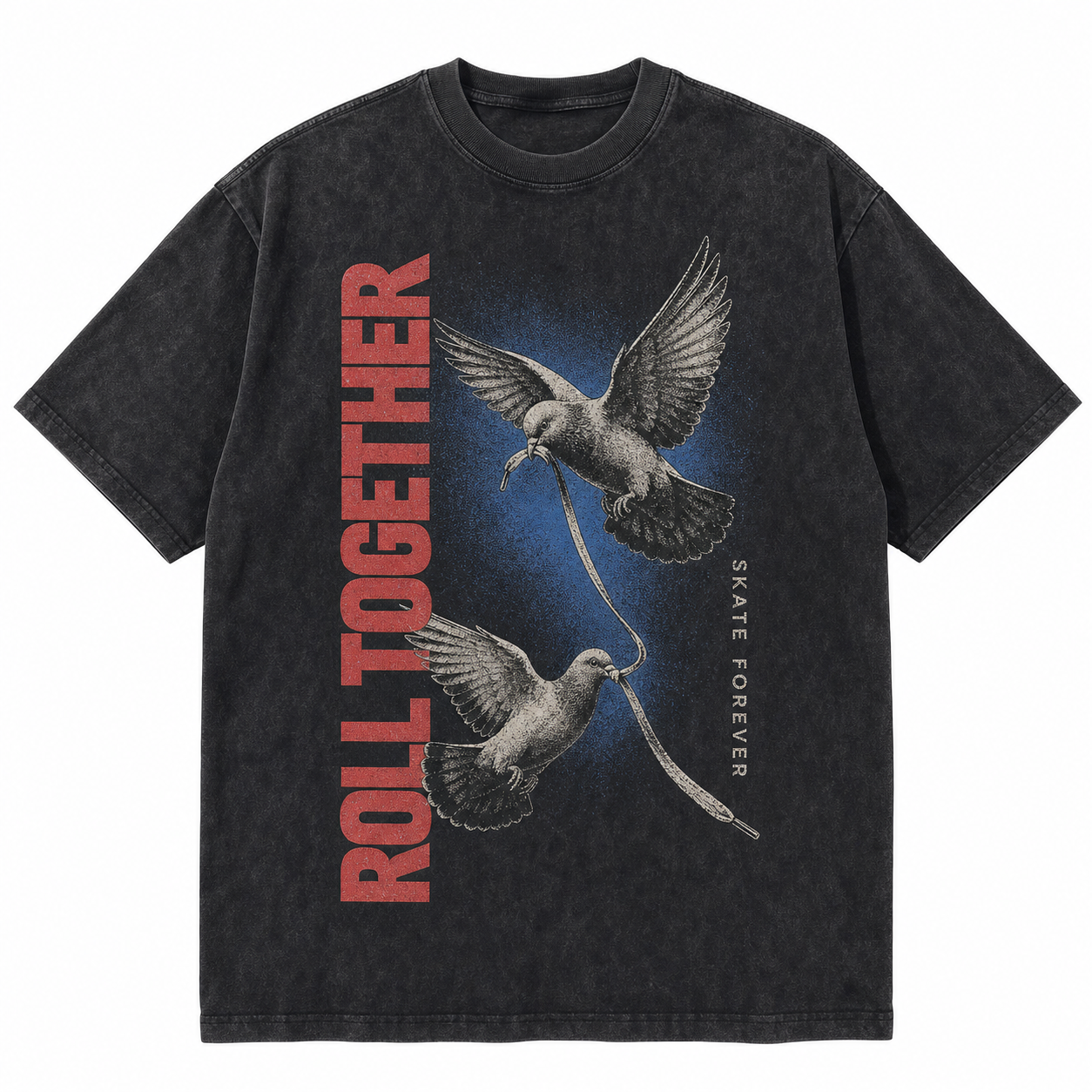 Vintage Acid Wash Roll Together Skate Dove Graphic Tee | Retro Street Skate Culture Unisex Oversized High-Quality Cotton Blend Streetwear T-Shirt