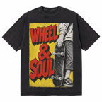 Vintage Acid Wash Wheel & Soul Skateboard Graphic Tee | Retro Street Skate Culture Unisex Oversized High-Quality Cotton Blend Streetwear T-Shirt