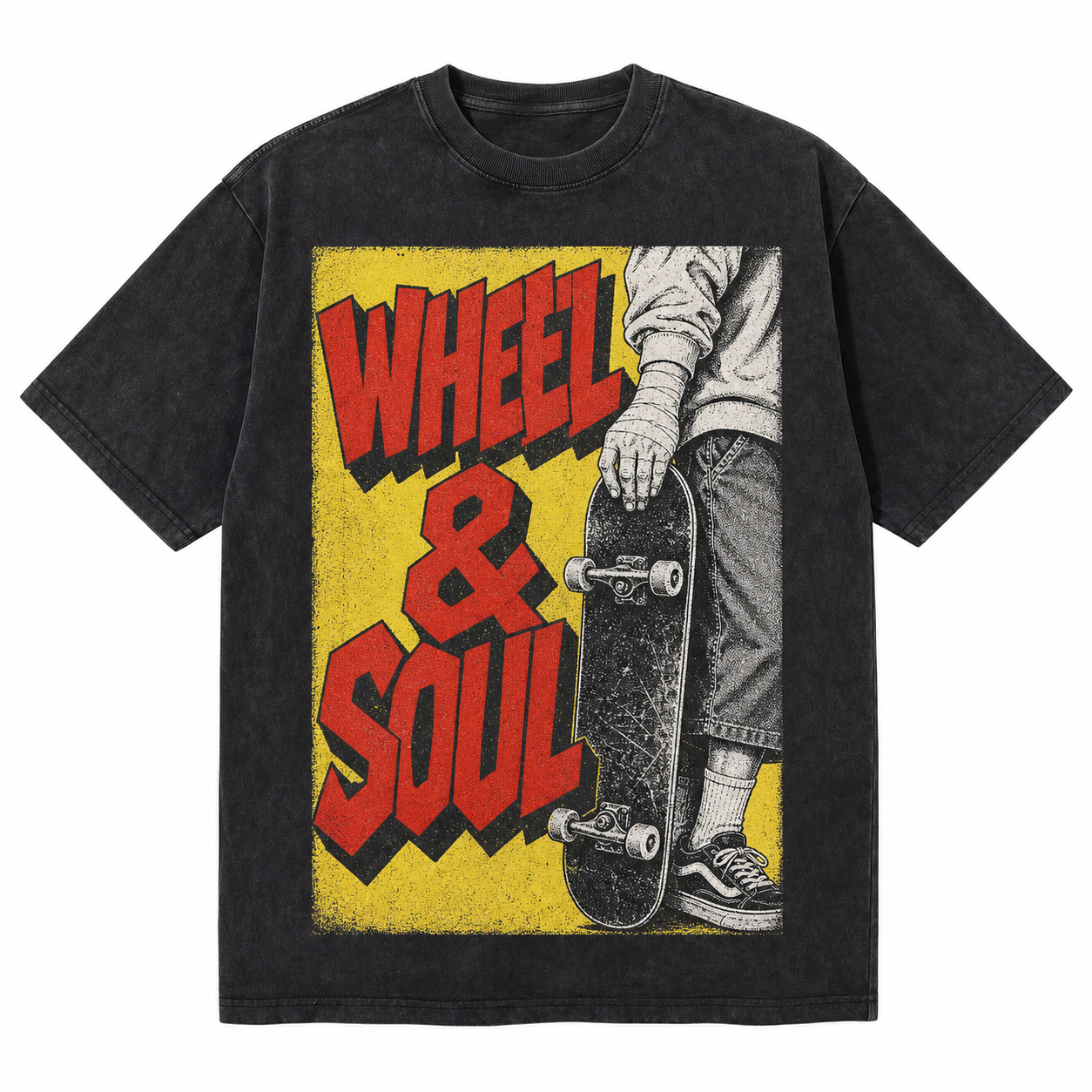 Vintage Acid Wash Wheel & Soul Skateboard Graphic Tee | Retro Street Skate Culture Unisex Oversized High-Quality Cotton Blend Streetwear T-Shirt