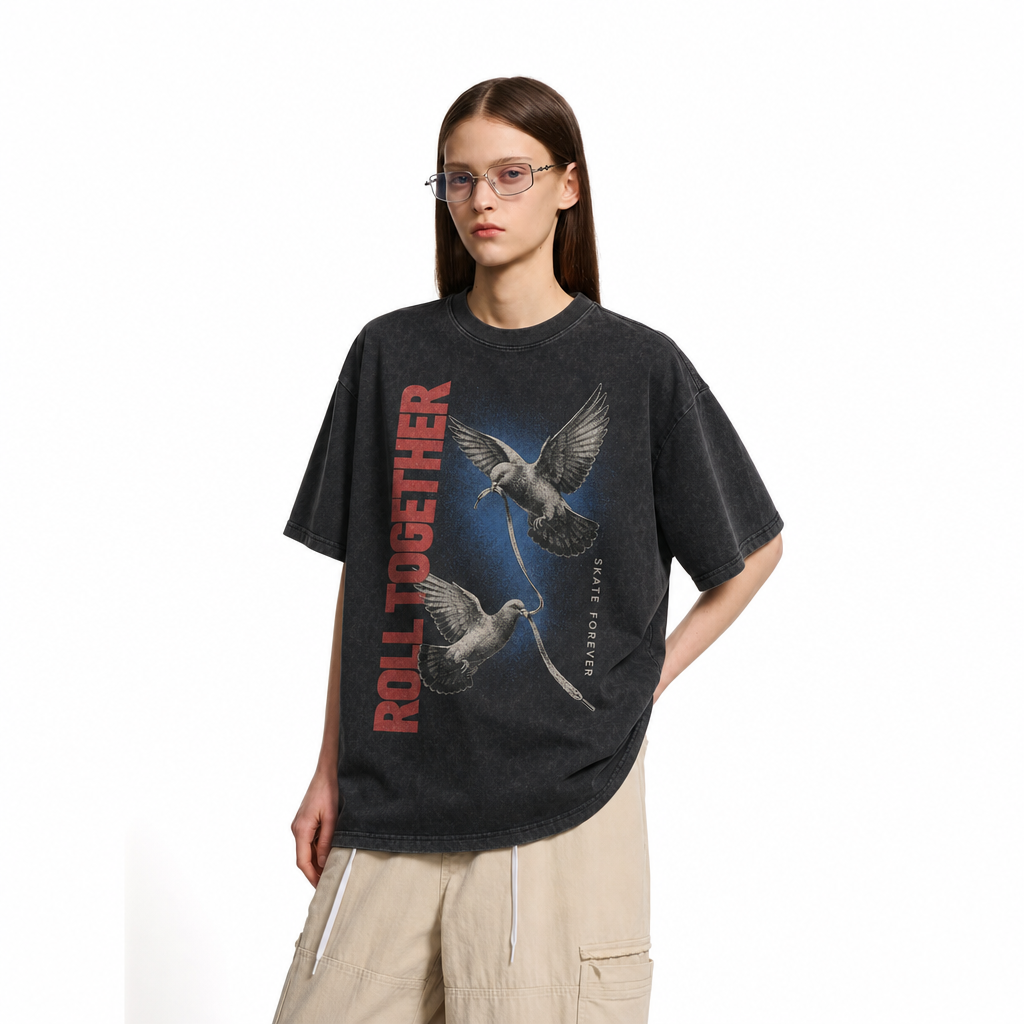 Vintage Acid Wash Roll Together Skate Dove Graphic Tee | Retro Street Skate Culture Unisex Oversized High-Quality Cotton Blend Streetwear T-Shirt