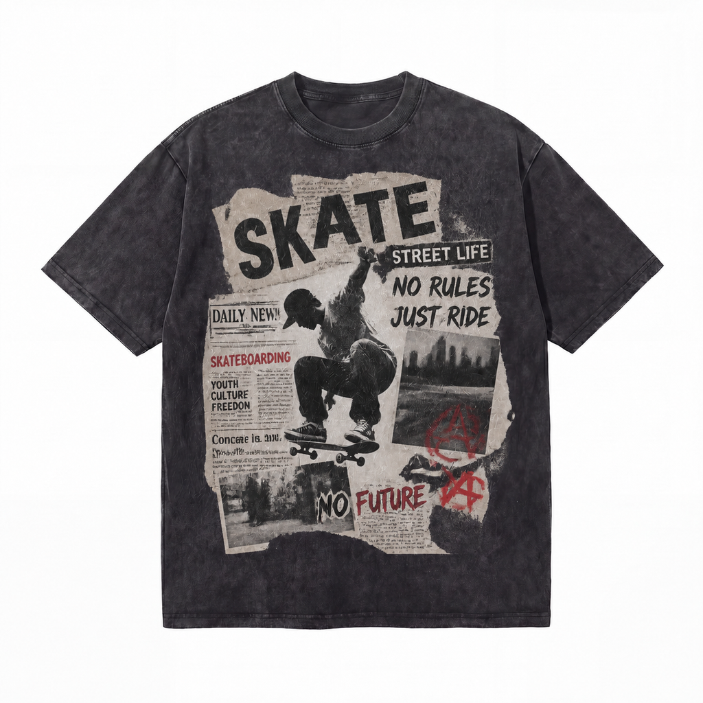 Vintage Acid Wash Skate Street Life Newspaper Collage Graphic Tee | Retro Skateboarding Unisex Oversized Heavy Cotton Streetwear T-Shirt