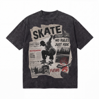 Vintage Acid Wash Skate Street Life Newspaper Collage Graphic Tee | Retro Skateboarding Unisex Oversized Heavy Cotton Streetwear T-Shirt