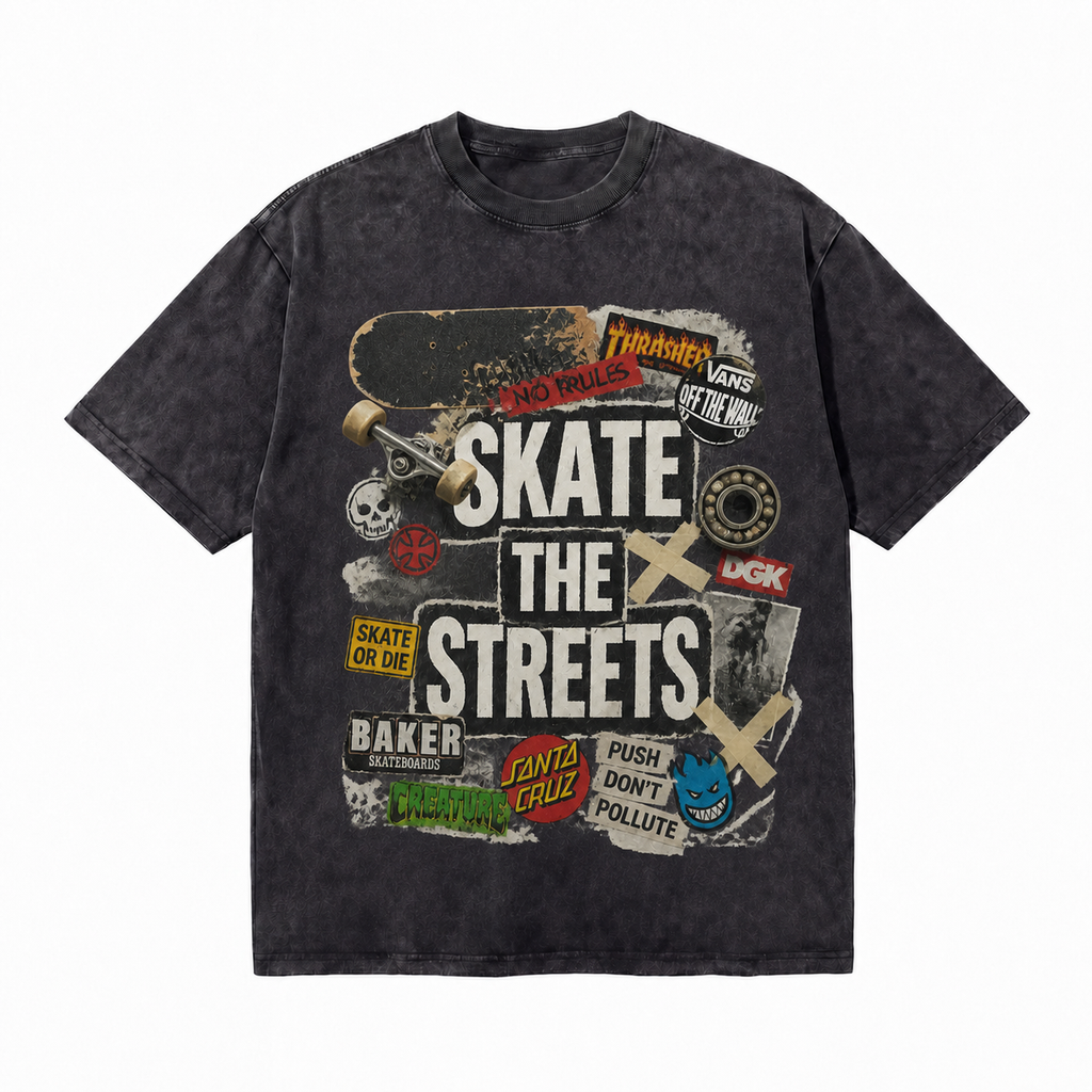 Vintage Acid Wash Skate The Streets Sticker Bomb Collage Graphic Tee | Retro Skateboarding Unisex Oversized Heavy Cotton Streetwear T-Shirt