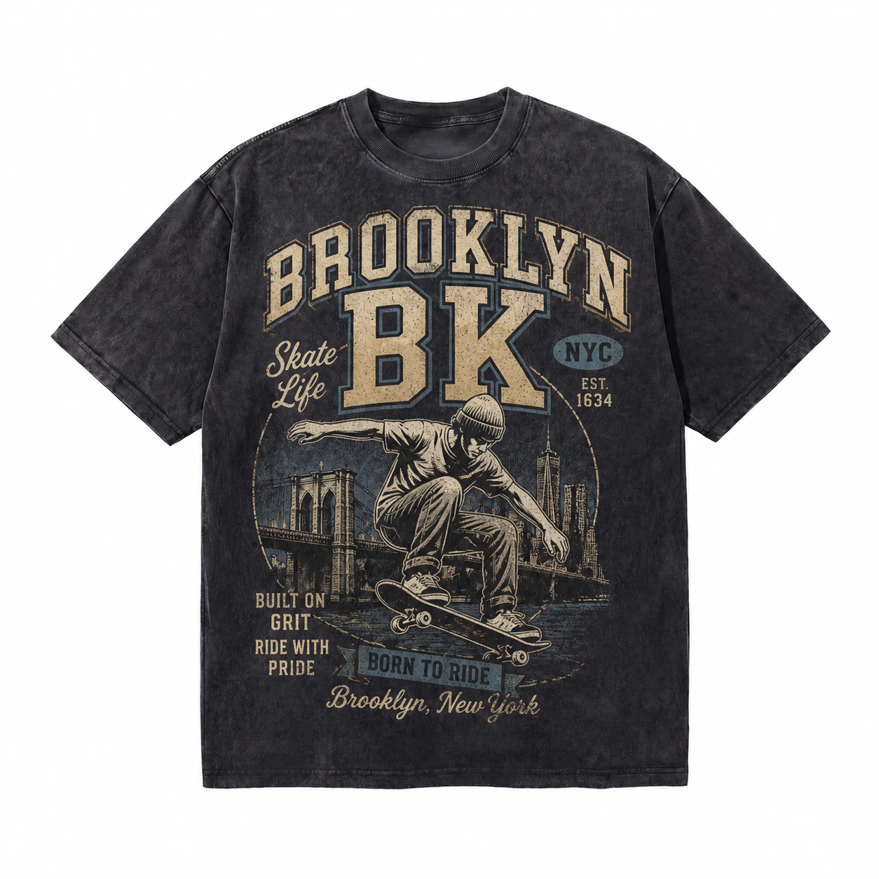 Vintage Acid Wash Brooklyn NYC Skate Life Cityscape Graphic Tee | Retro Urban Skateboarding Unisex Oversized Heavy Cotton Streetwear T-Shirt