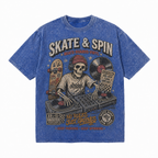 Vintage Acid Wash Skate & Spin DJ Skeleton Graphic Tee | Old School Hip Hop Vinyl Skateboard Unisex Oversized Heavy Cotton Streetwear T-Shirt