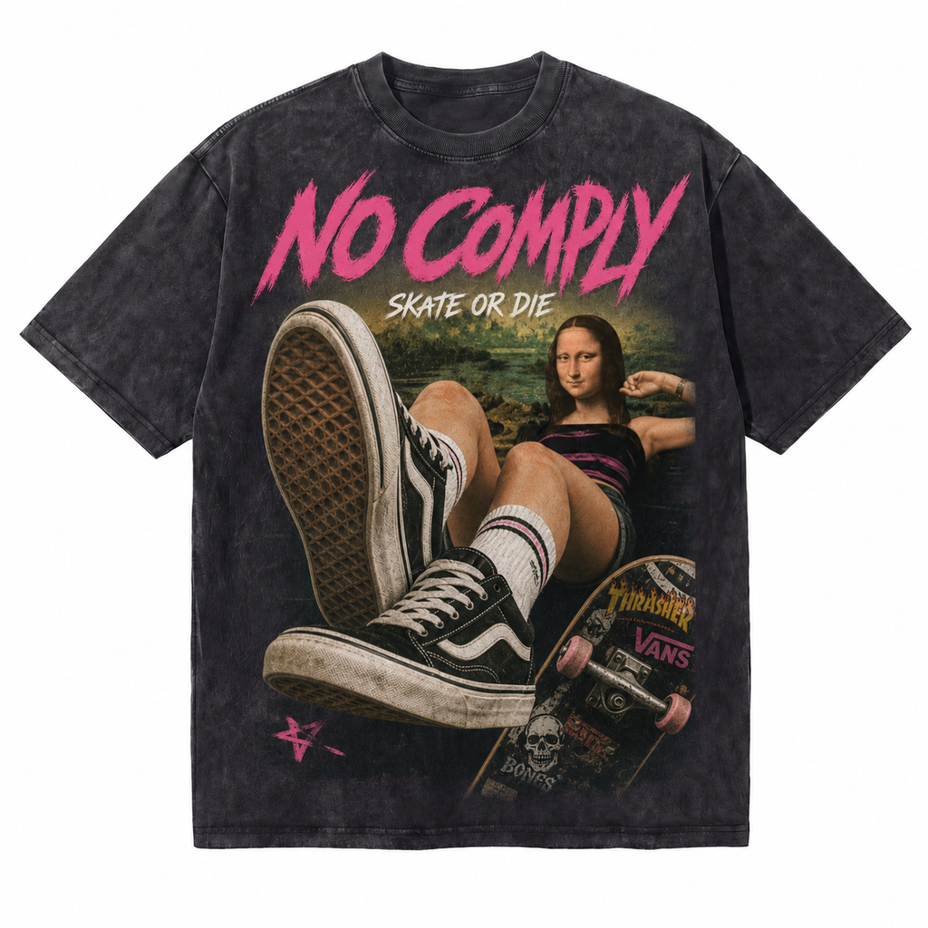 Vintage Acid Wash No Comply Mona Lisa Skateboard Graphic Tee | Retro Pop Culture Skate Unisex Oversized High-Quality Cotton Blend Streetwear T-Shirt