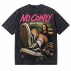 Vintage Acid Wash No Comply Mona Lisa Skateboard Graphic Tee | Retro Pop Culture Skate Unisex Oversized High-Quality Cotton Blend Streetwear T-Shirt