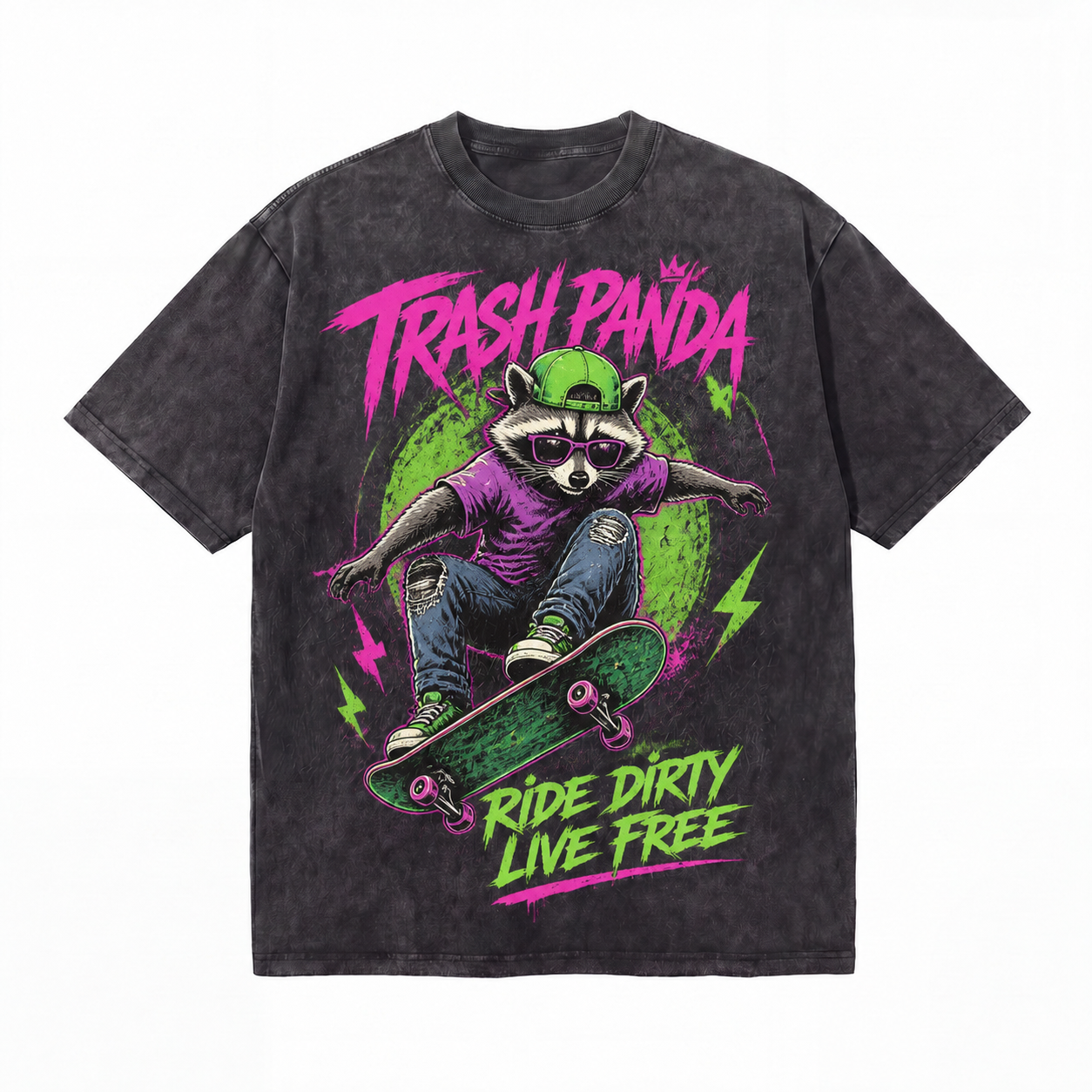 Vintage Acid Wash Trash Panda Skate Raccoon Graphic Tee | Neon Retro Street Skate Unisex Oversized High-Quality Cotton Blend Streetwear T-Shirt