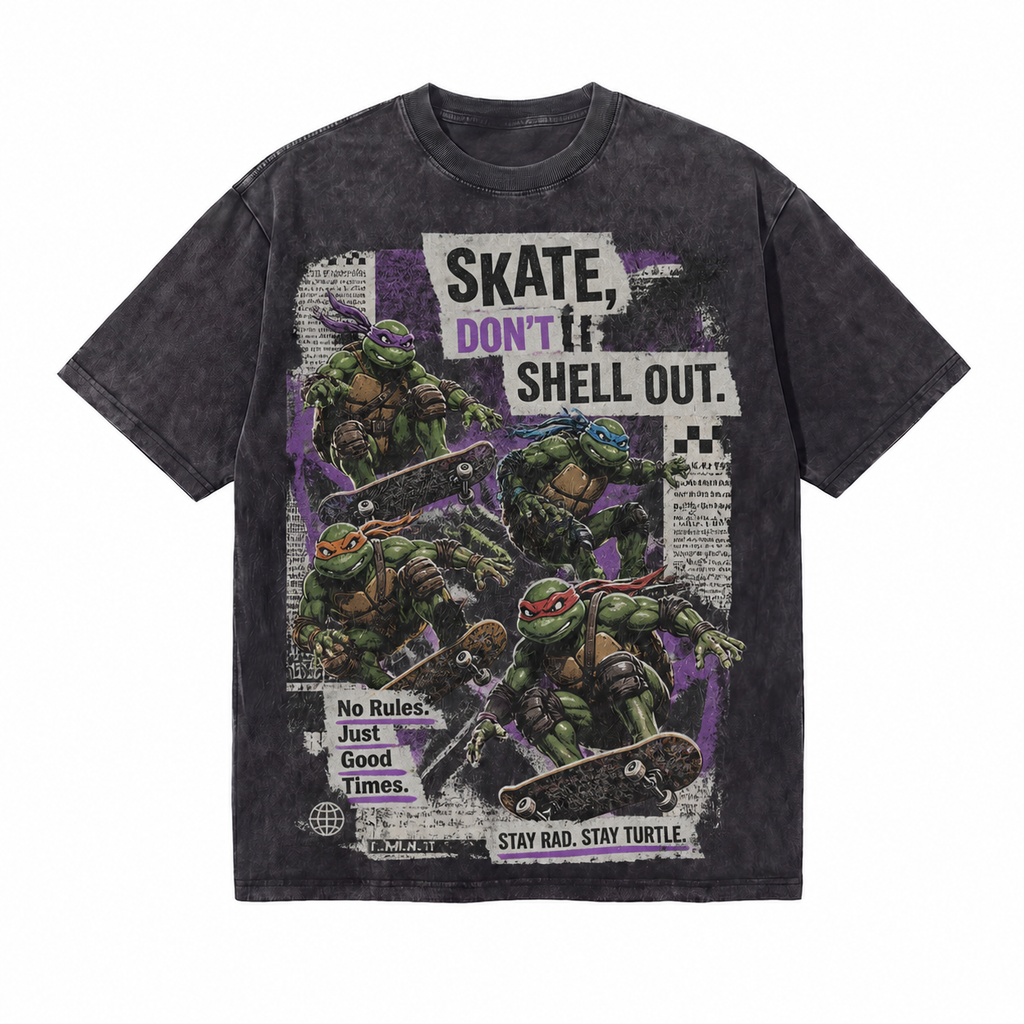 Vintage Acid Wash Skate Don’t Shell Out Ninja Turtles Skateboard Graphic Tee | Retro 90s Cartoon Skate Unisex Oversized High-Quality Cotton Blend Streetwear T-Shirt
