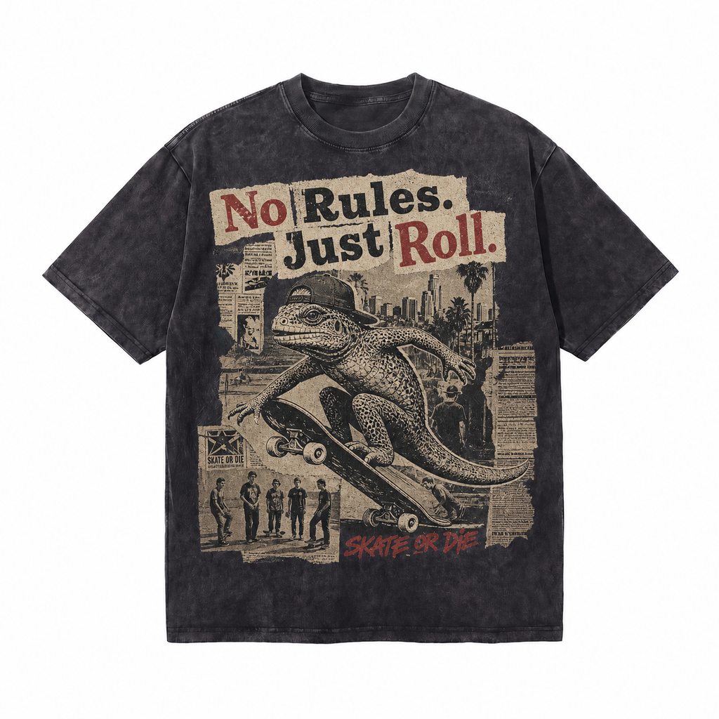 Vintage Acid Wash No Rules Just Roll Skate Lizard Graphic Tee | Retro Street Skate Culture Unisex Oversized High-Quality Cotton Blend Streetwear T-Shirt
