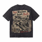 Vintage Acid Wash No Rules Just Roll Skate Lizard Graphic Tee | Retro Street Skate Culture Unisex Oversized High-Quality Cotton Blend Streetwear T-Shirt