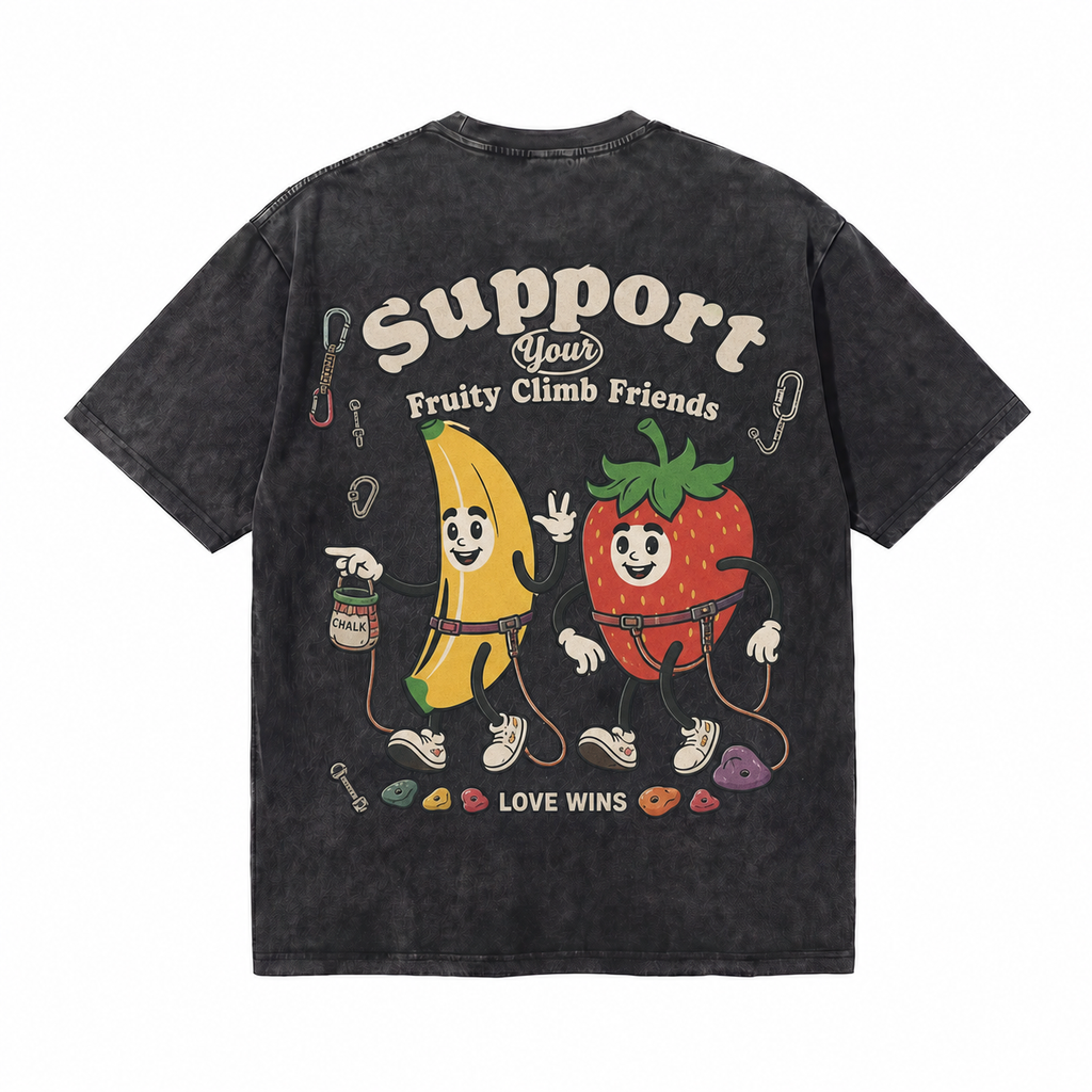 Vintage Acid Wash Fruit Climbing Friends Graphic Tee | Cute Banana Strawberry Rock Climbing Unisex Oversized Heavy Cotton Streetwear T-Shirt