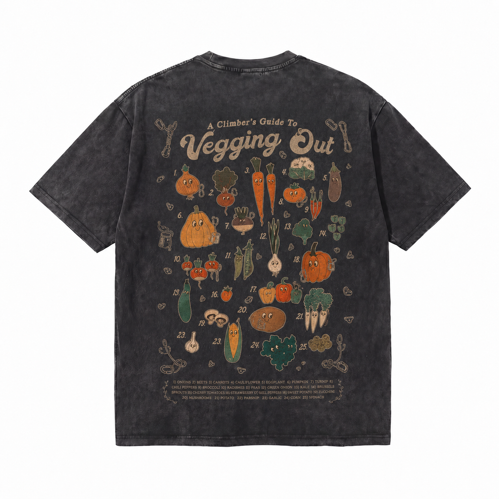 Vintage Acid Wash A Climber's Guide To Vegging Out Cartoon Vegetable Graphic Tee | Rock Climbing Vegan Unisex Oversized Heavy Cotton Streetwear T-Shirt