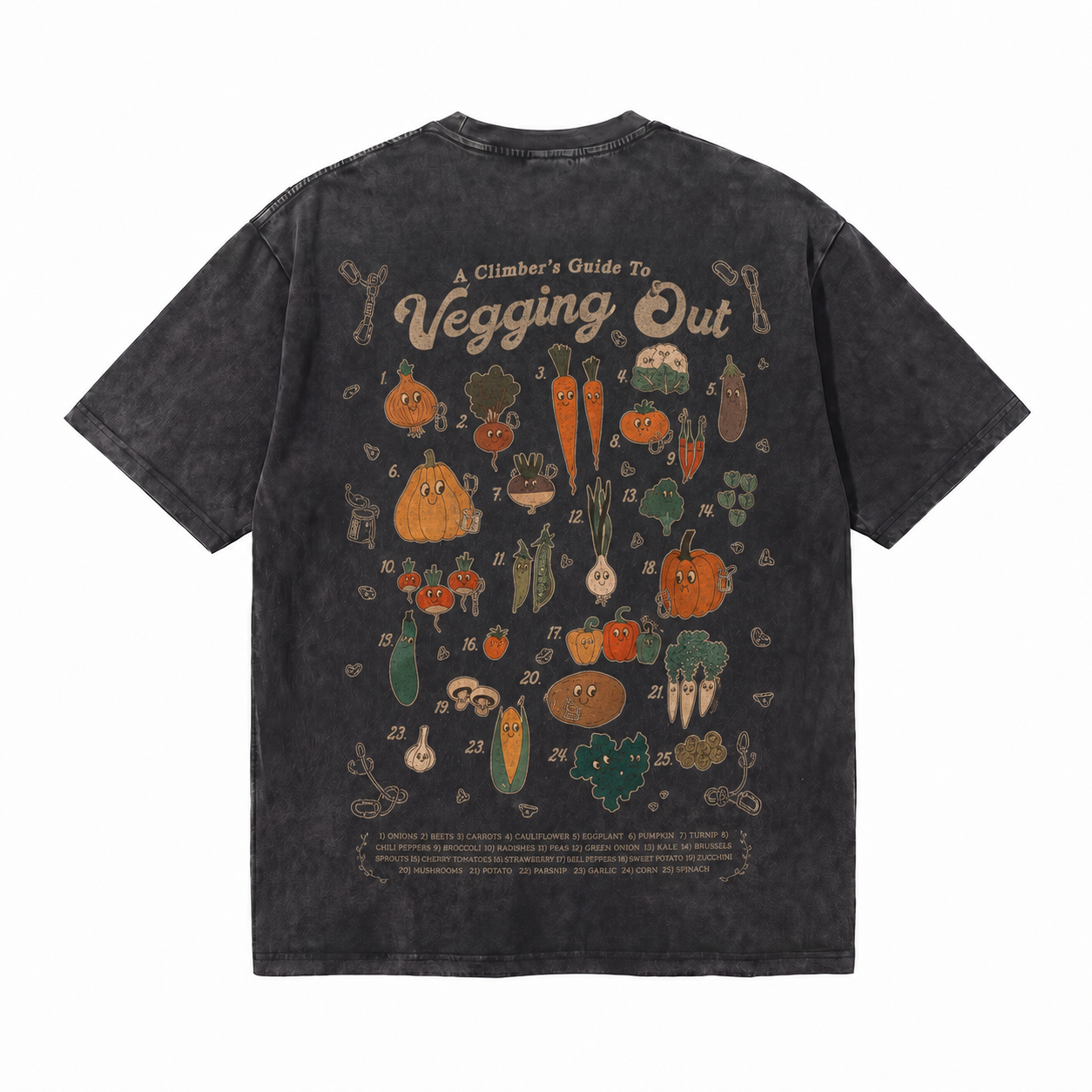 Vintage Acid Wash A Climber's Guide To Vegging Out Cartoon Vegetable Graphic Tee | Rock Climbing Vegan Unisex Oversized Heavy Cotton Streetwear T-Shirt
