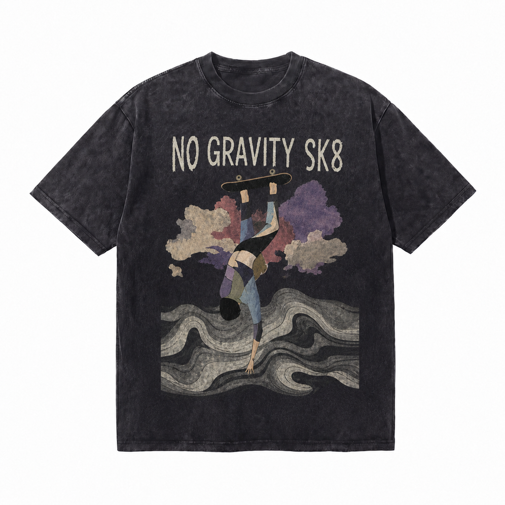 Vintage Acid Wash No Gravity Sk8 Abstract Skate Graphic Tee | Minimal Surreal Skateboarding Unisex Oversized Heavy Cotton Streetwear T-Shirt