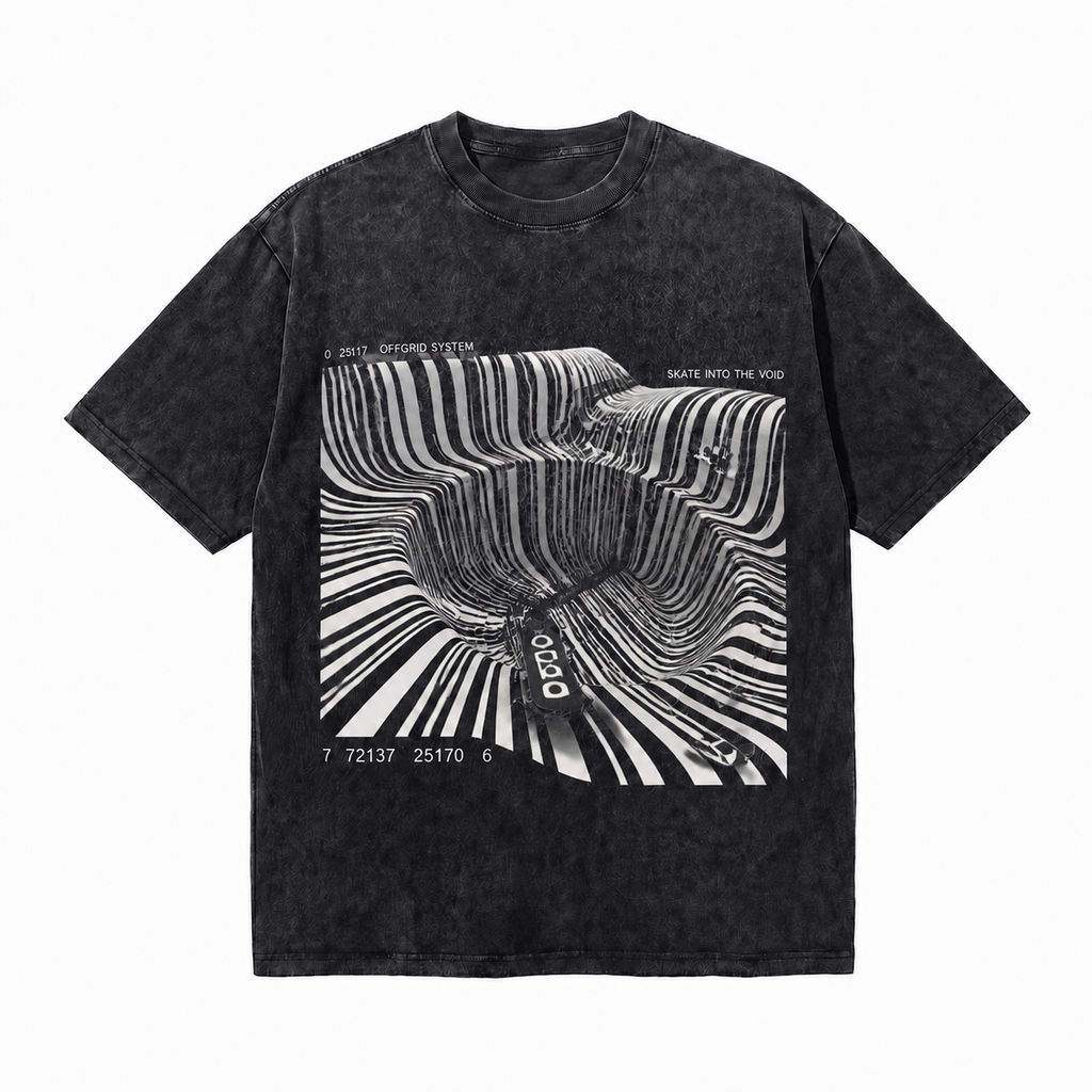 Vintage Acid Wash Skate Into The Void Optical Illusion Striped Skate Graphic Tee | Cyber Off Grid Monochrome Skateboarding Unisex Oversized Heavy Cotton Streetwear T-Shirt