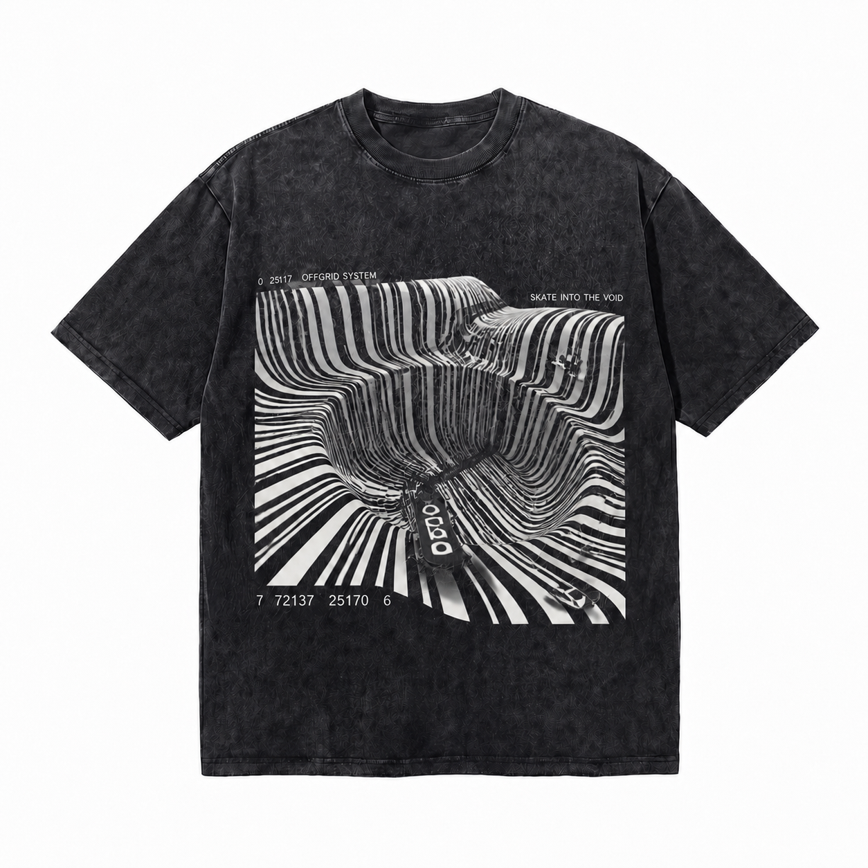 Vintage Acid Wash Skate Into The Void Optical Illusion Striped Skate Graphic Tee | Cyber Off Grid Monochrome Skateboarding Unisex Oversized Heavy Cotton Streetwear T-Shirt