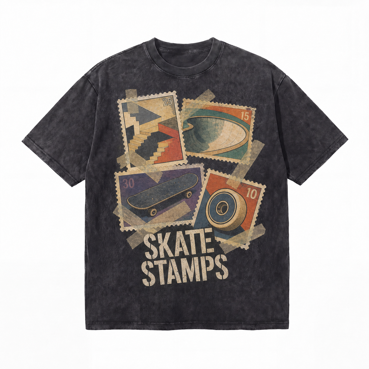 Vintage Acid Wash Skate Stamps Retro Postage Stamp Graphic Tee | Old School Skatepark Unisex Oversized Heavy Cotton Streetwear T-Shirt