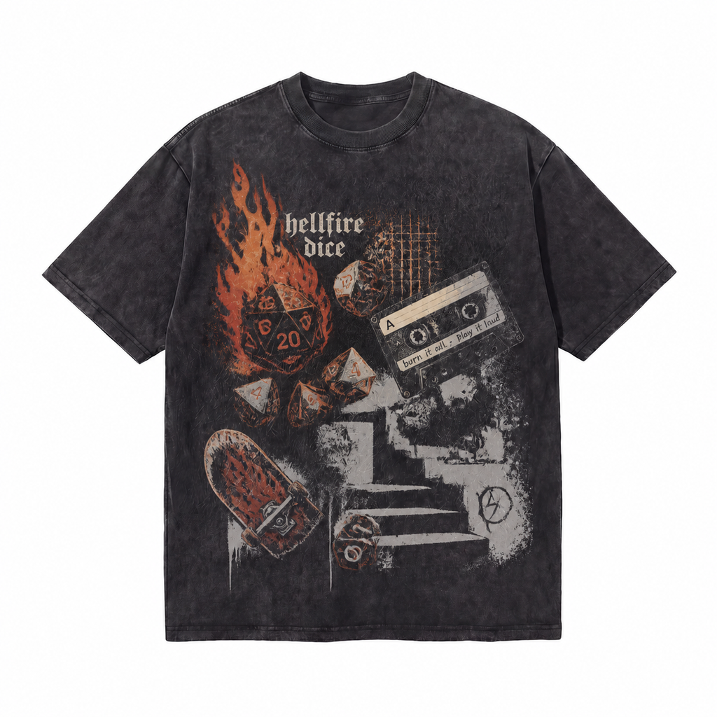 Vintage Acid Wash Hellfire Dice DnD Skate Cassette Tape Grunge Graphic Tee | Dark Fantasy Punk Skate Unisex Oversized Heavy Cotton Streetwear T-Shirt